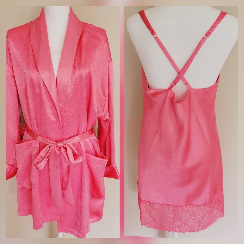 Vintage Gold Label Victoria Secret Pink Lace Robe Slip Dress Lingere Size Large